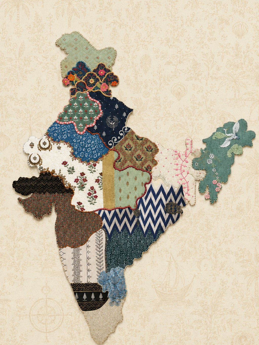 Map of India as a patchwork quilt, each state stitched from a different regional textile — an illustration of India's fabric diversity